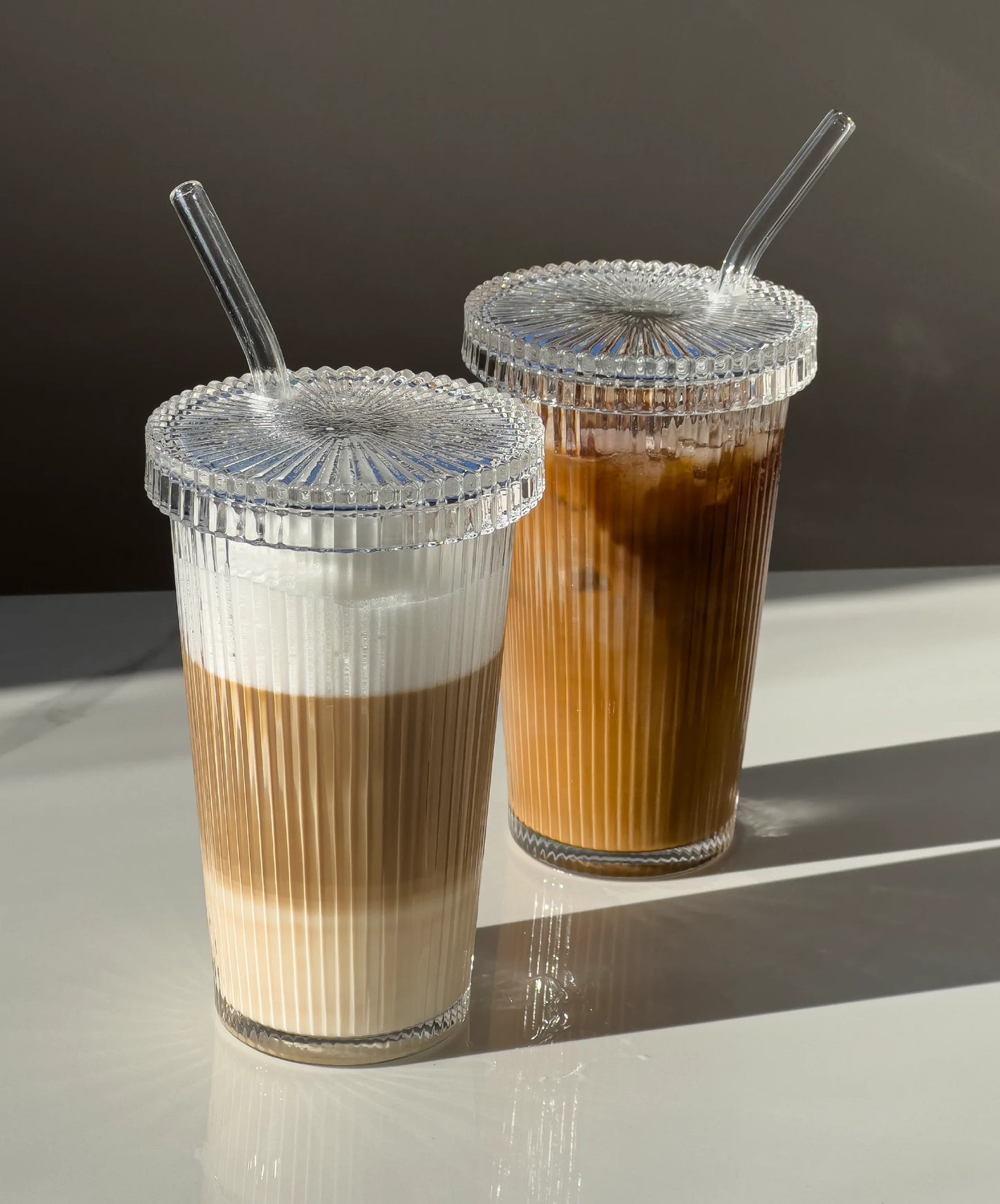 Large Fluted Iced Coffee Glass with Lid & Glass Straw