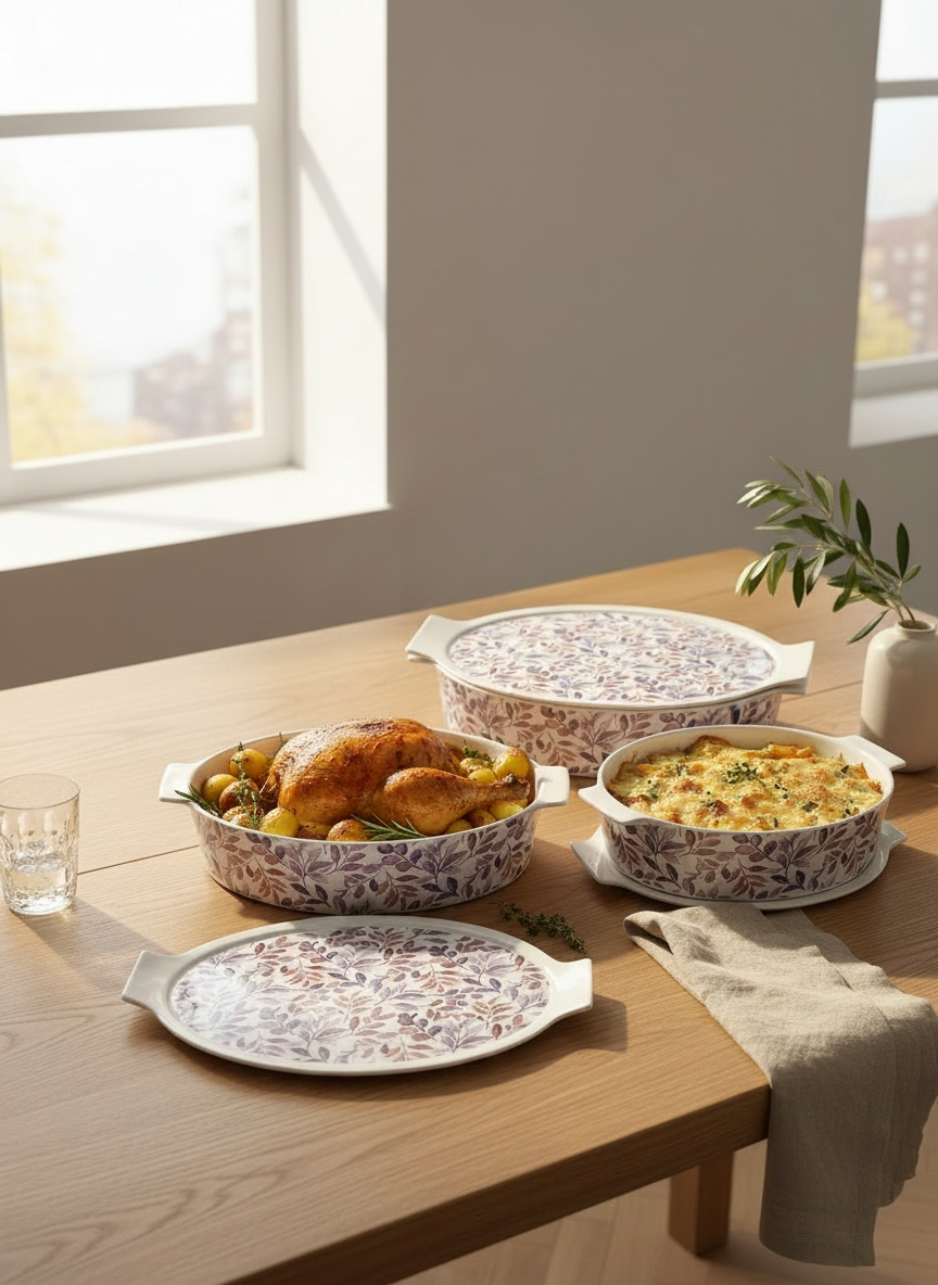 3 Piece Porcelain Oval Baking Dish Set with Multi Use Lids (Pink)
