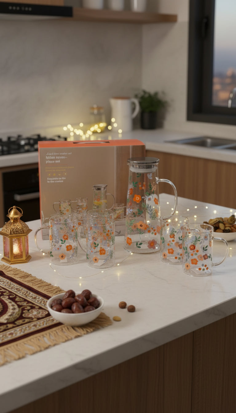 Floral Glass Jug with 7 Mugs Set