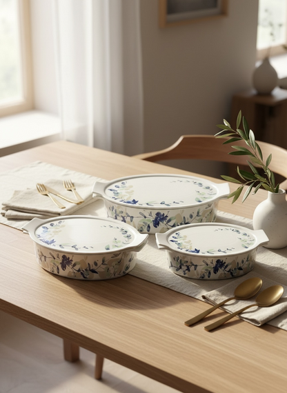 3 Piece Porcelain Oval Baking Dish Set with Multi Use Lids (Blue)