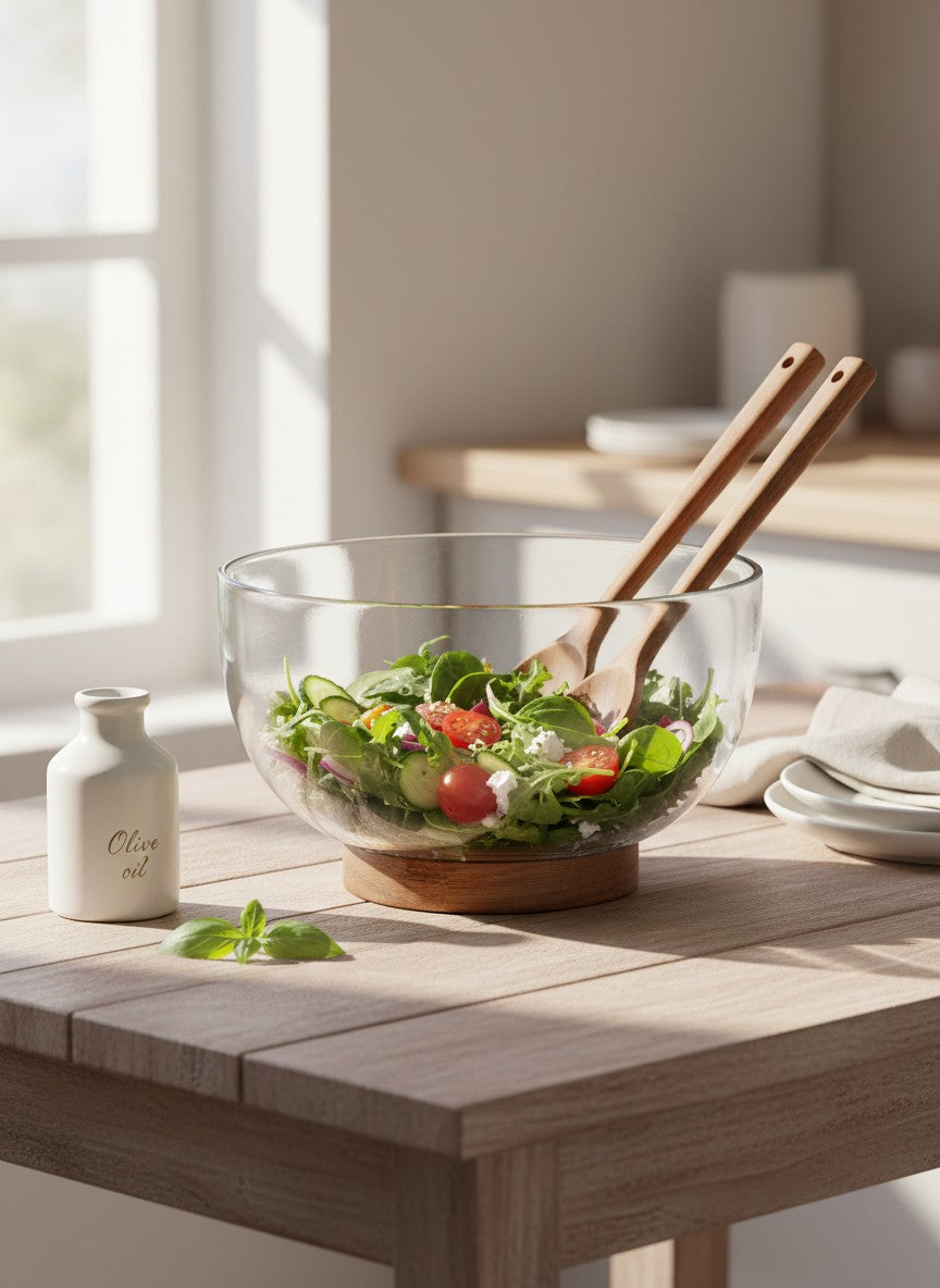 Danny Home Glass Salad Bowl With Wooden Tray
