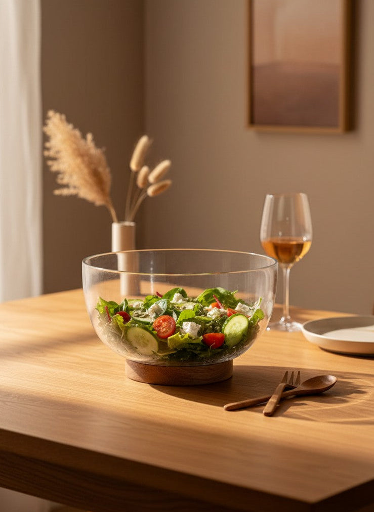 Danny Home Glass Salad Bowl With Wooden Tray