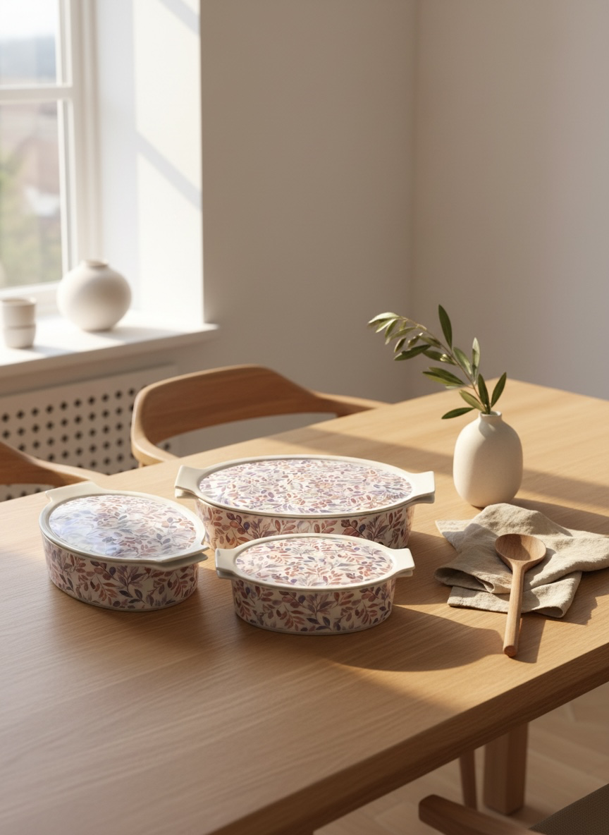 3 Piece Porcelain Oval Baking Dish Set with Multi Use Lids (Pink)