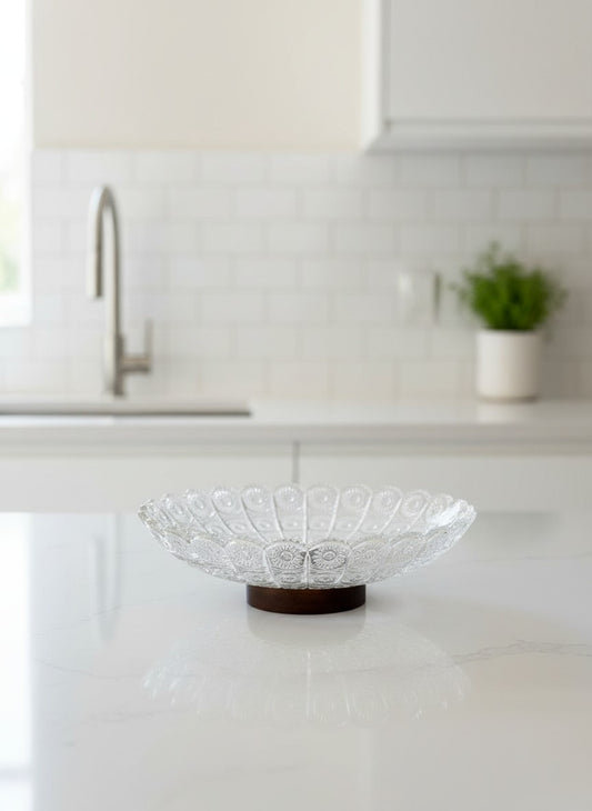 Glass Fruit Bowl with Wooden Base