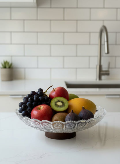Glass Fruit Bowl with Wooden Base