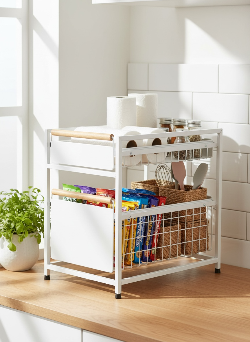 2-Tier Pull-Out Organizer with Wooden Handle