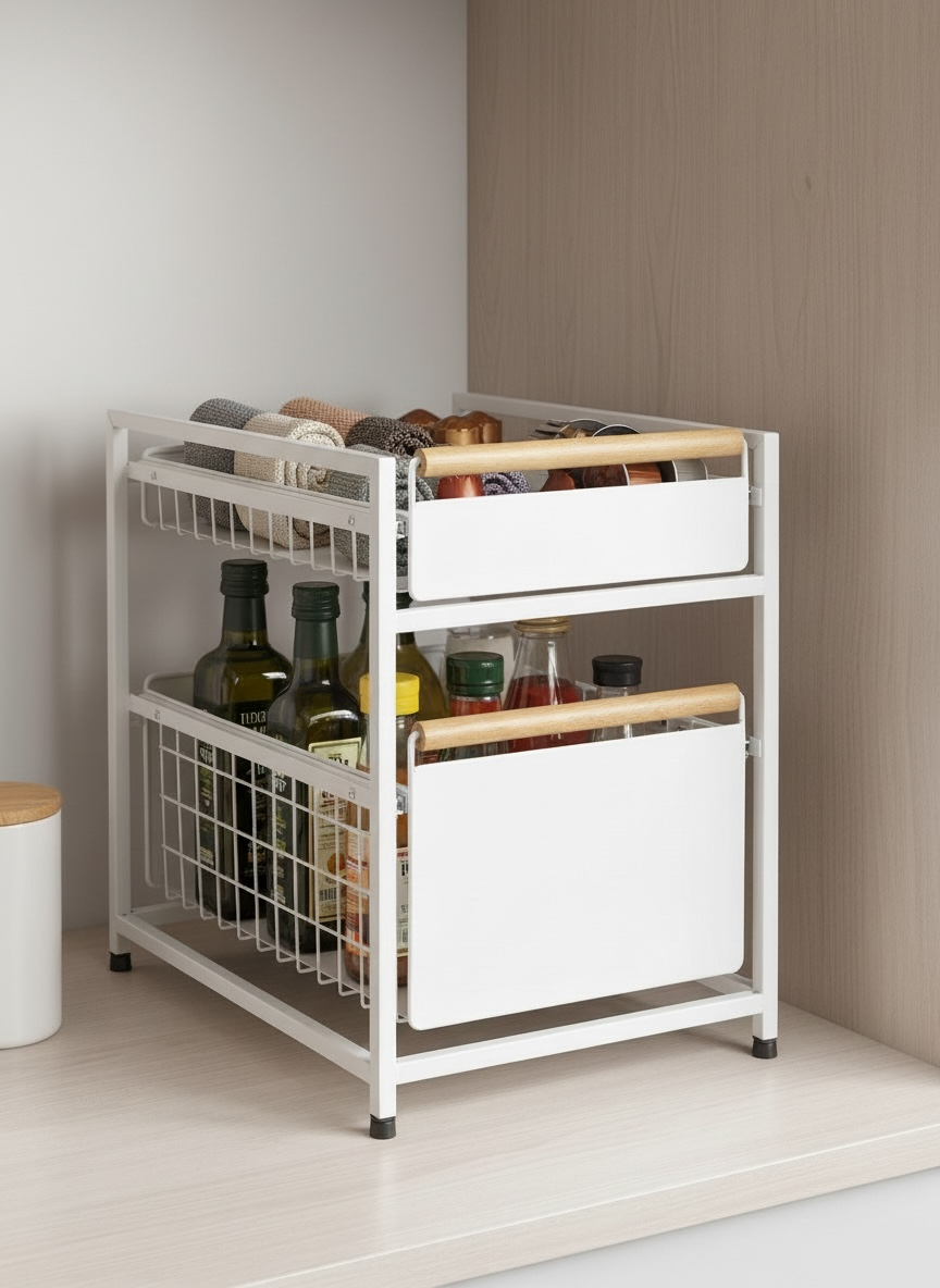 2-Tier Pull-Out Organizer with Wooden Handle