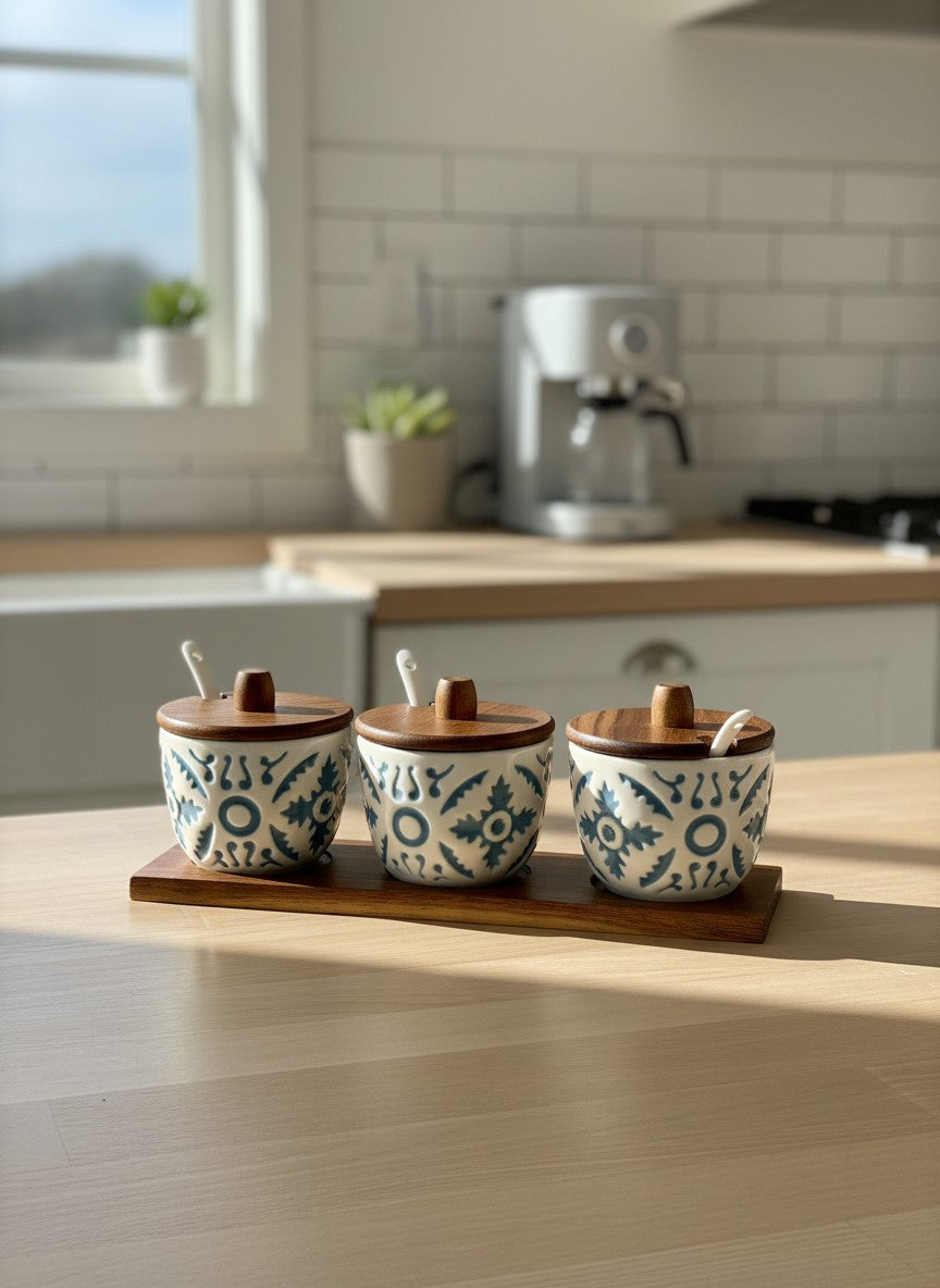 3-Piece Sugar, Coffee & Tea Jar Set with Wooden Base