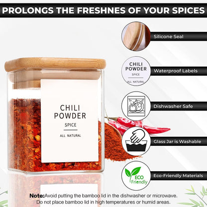 12pcs Glass Spice Jars Set with Labels – 200ml