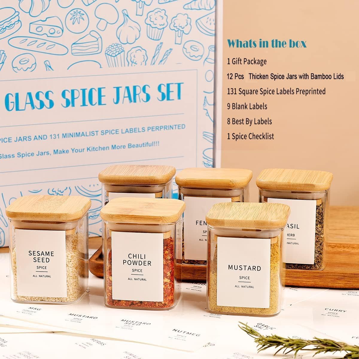 12pcs Glass Spice Jars Set with Labels – 200ml
