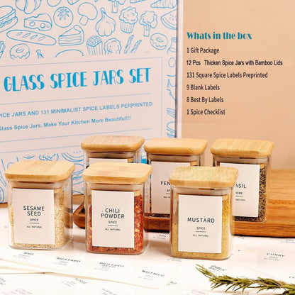 12pcs Glass Spice Jars Set with Labels – 200ml