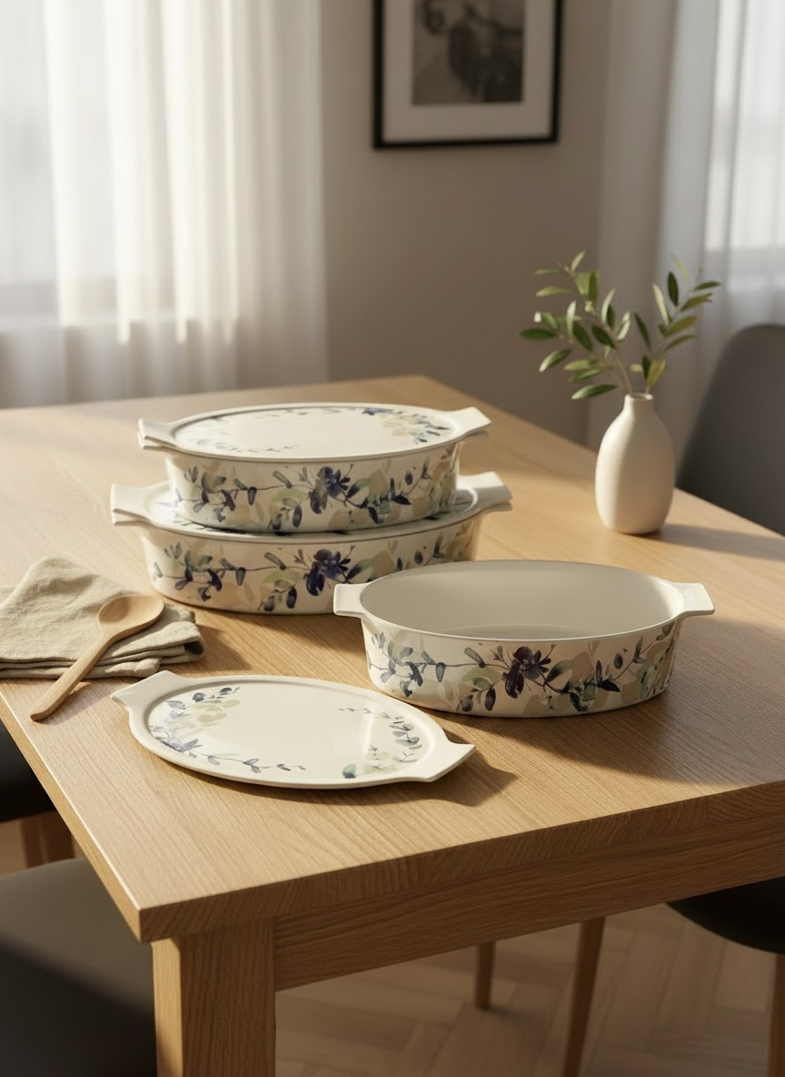 3 Piece Porcelain Oval Baking Dish Set with Multi Use Lids (Blue)