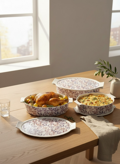 3 Piece Porcelain Oval Baking Dish Set with Multi Use Lids (Pink)