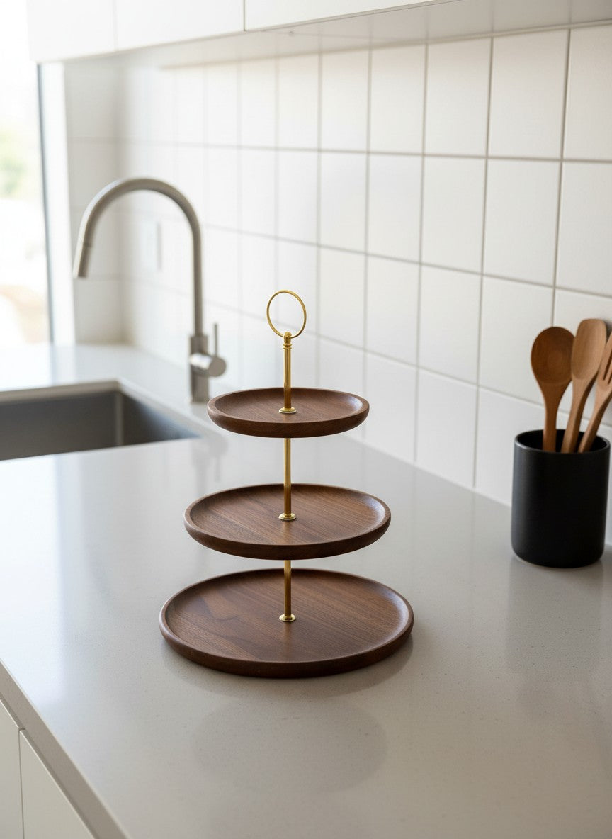 3-Tier Wooden Serving Stand with Gold Handle