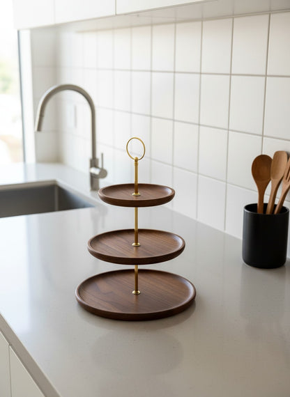 3-Tier Wooden Serving Stand with Gold Handle