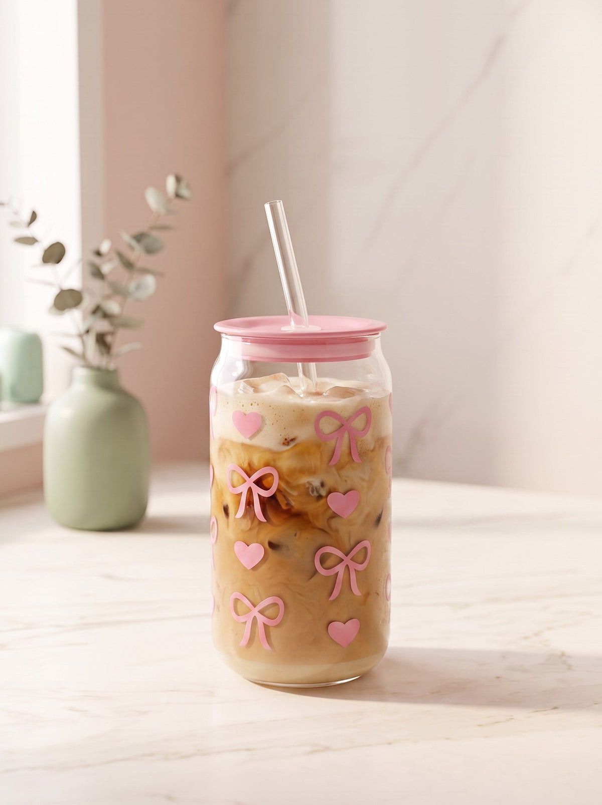 Bow Print Glass Cup with Straw