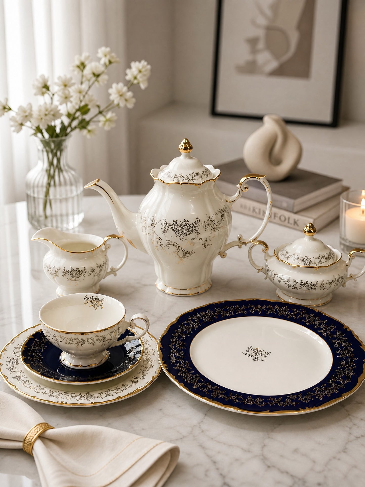 24 Pcs Classic Porcelain Tea Set with 24K Gold Trim (Midnight Elegance)