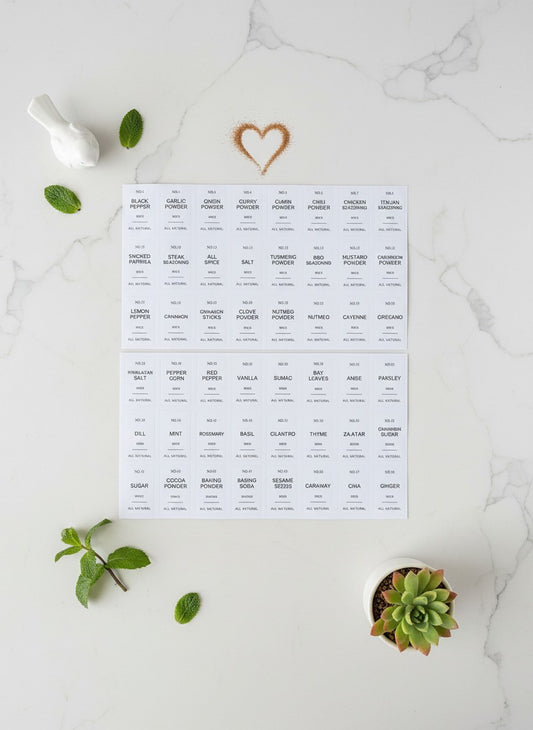 Spice Jar Labels Set – 48 Names (3×5 cm) – 2 Sheets