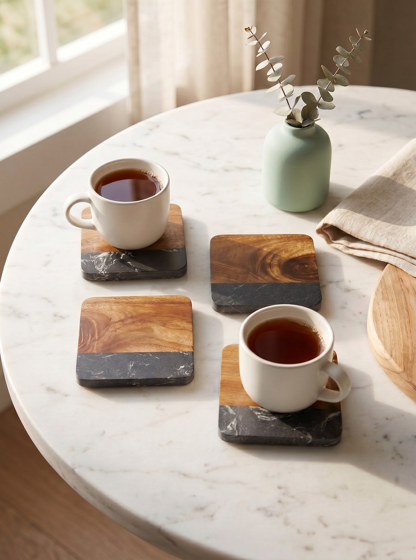 Acacia Wood & Marble Coasters Set – 4 Pieces