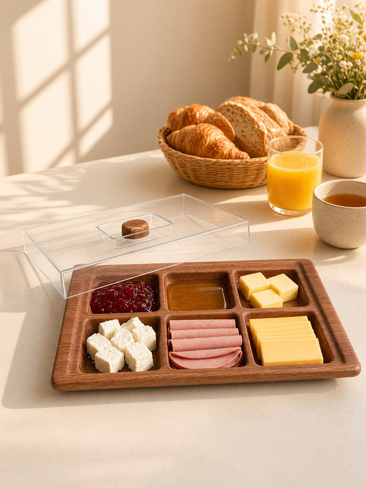 Rectangular Divided Melamine Serving Tray with Acrylic Cover