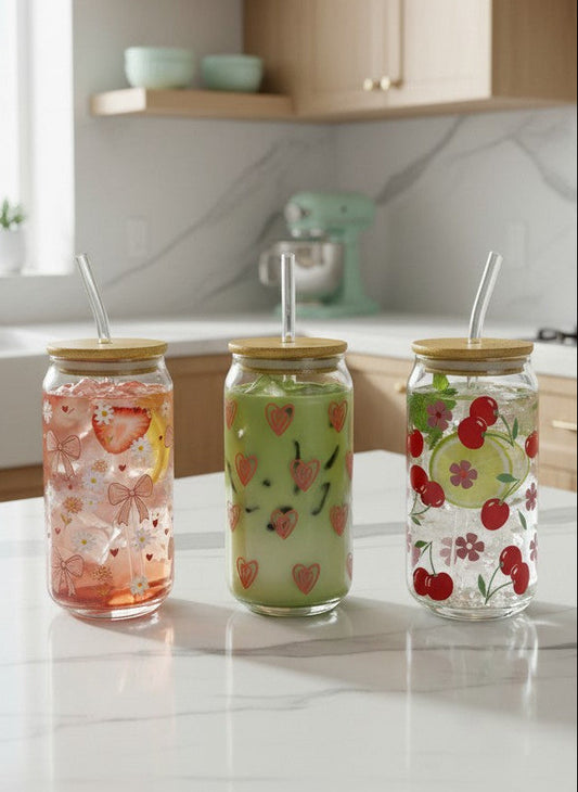 300ml Glass Tumbler with Bamboo Lid & Glass Straw