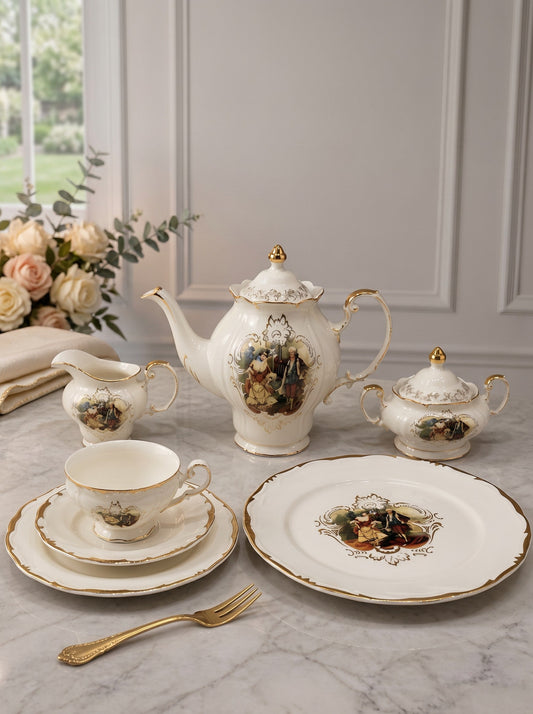 24 Pcs Classic Porcelain Tea Set with 24K Gold Trim (Victorian Romance)