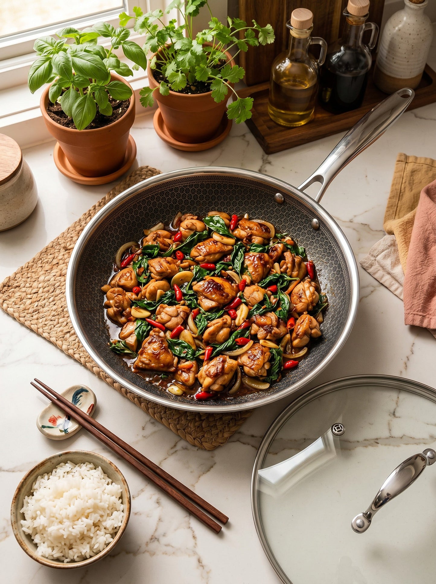 Stainless Steel Honeycomb Wok with Glass Lid