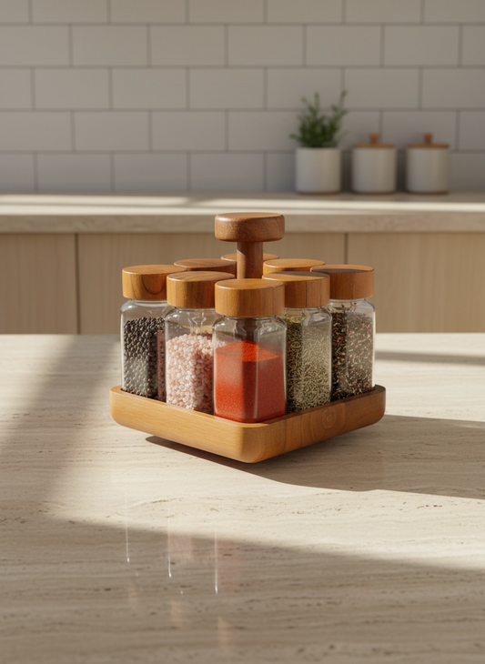 Rotating Glass Spice Jar Set with Wooden Stand
