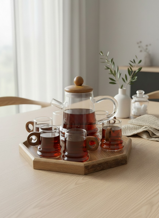 Glass Tea Serving Set with Wooden Tray – 8 Pieces