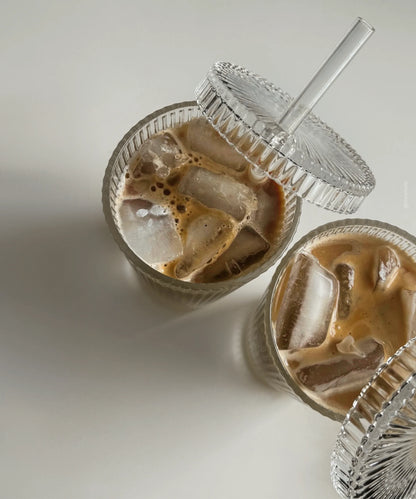 Large Fluted Iced Coffee Glass with Lid & Glass Straw