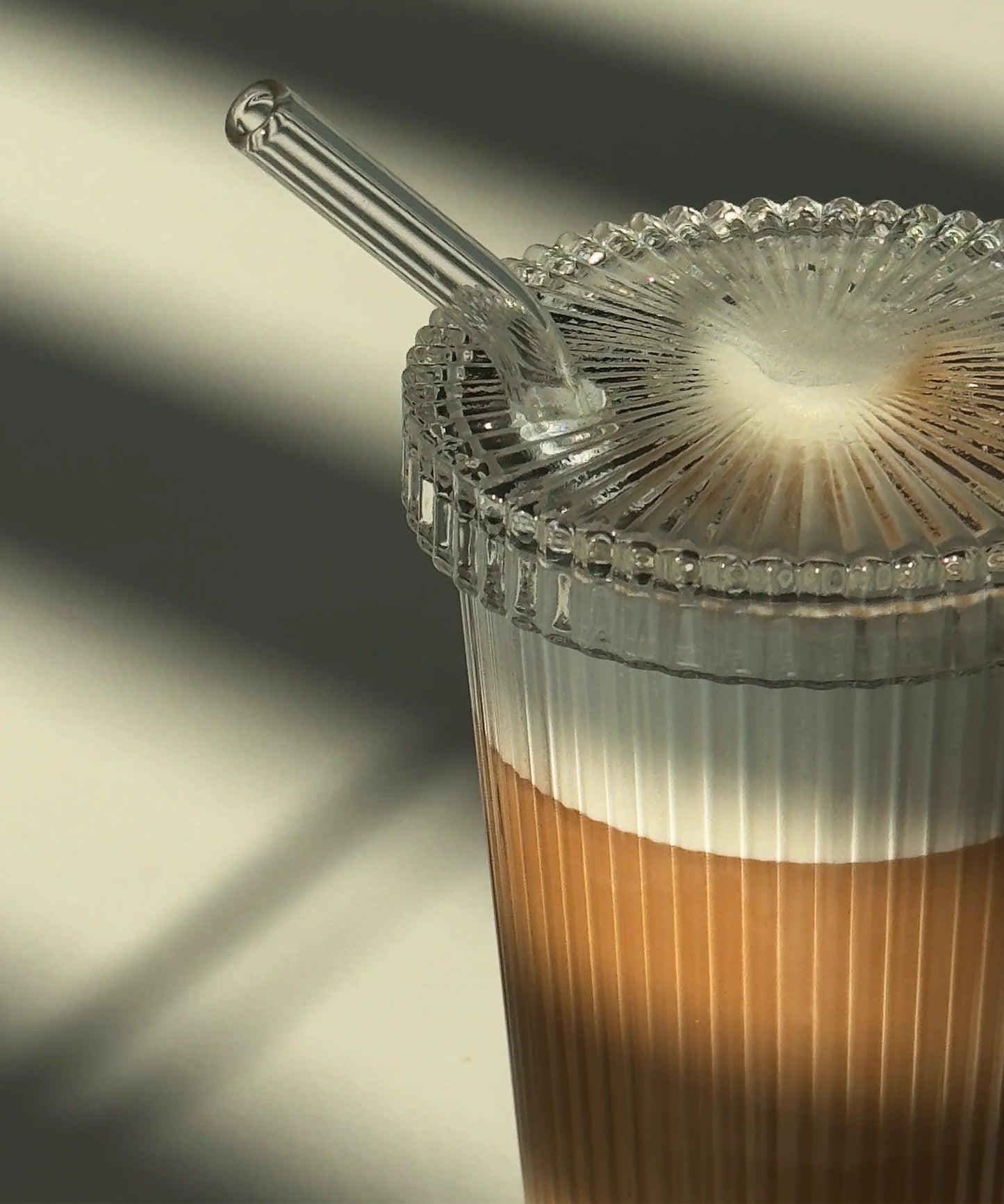 Large Fluted Iced Coffee Glass with Lid & Glass Straw