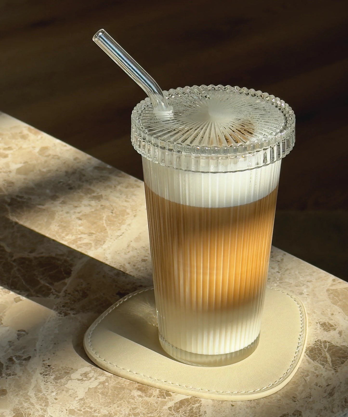 Large Fluted Iced Coffee Glass with Lid & Glass Straw