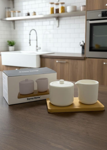 Danny Home Bamboo & Porcelain Sugar & Creamer Set