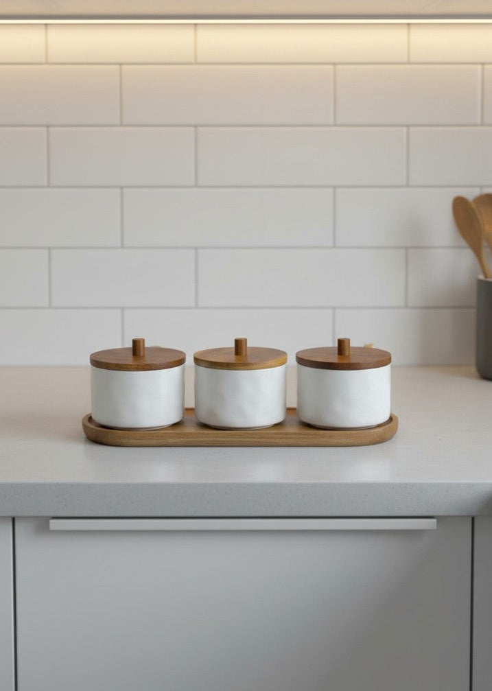 3-Piece Storage Jar Set with Wooden Tray