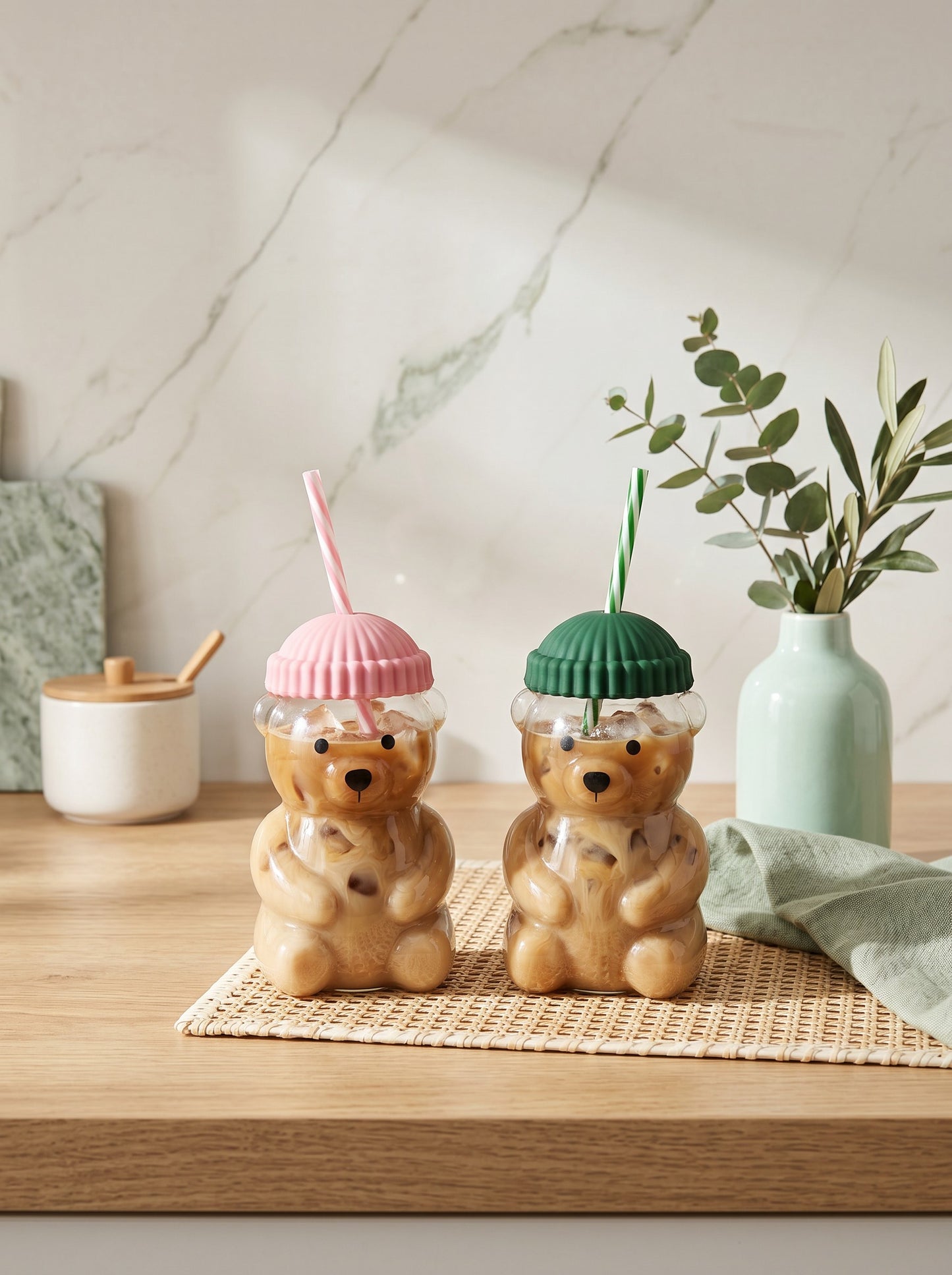 Bear Glass Cup with Straw