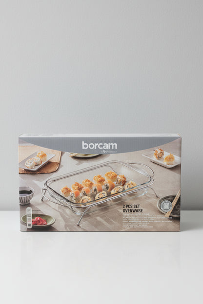 Borcam Rectangle Glass Oven Casserole with Silver Stand
