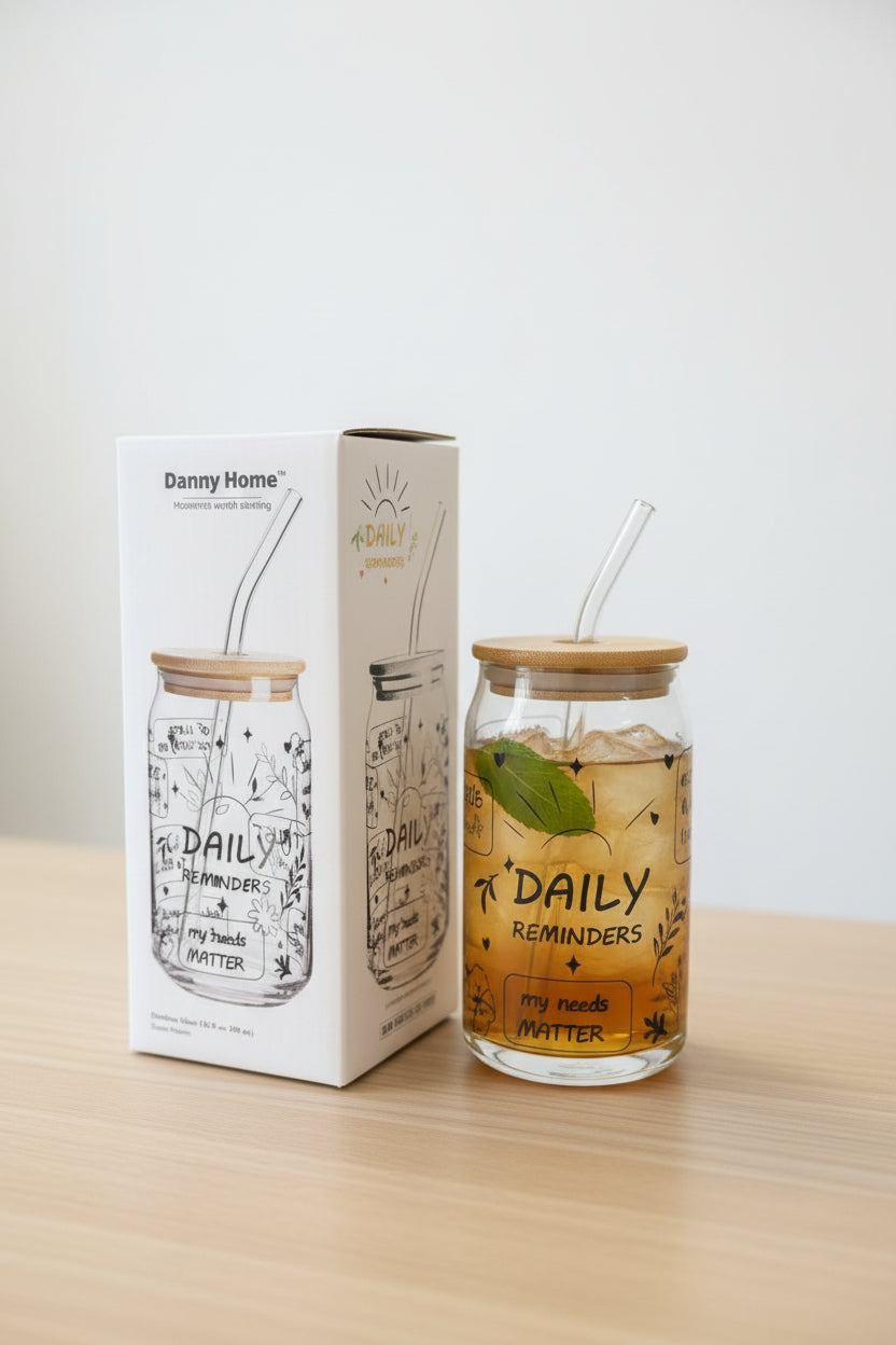 Danny Home Glass Tumbler with Bamboo Lid & Glass Straw