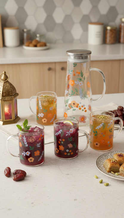 Floral Glass Jug with 7 Mugs Set