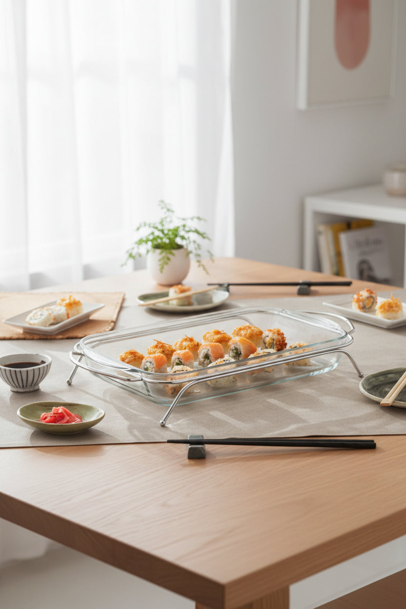 Borcam Rectangle Glass Oven Casserole with Silver Stand