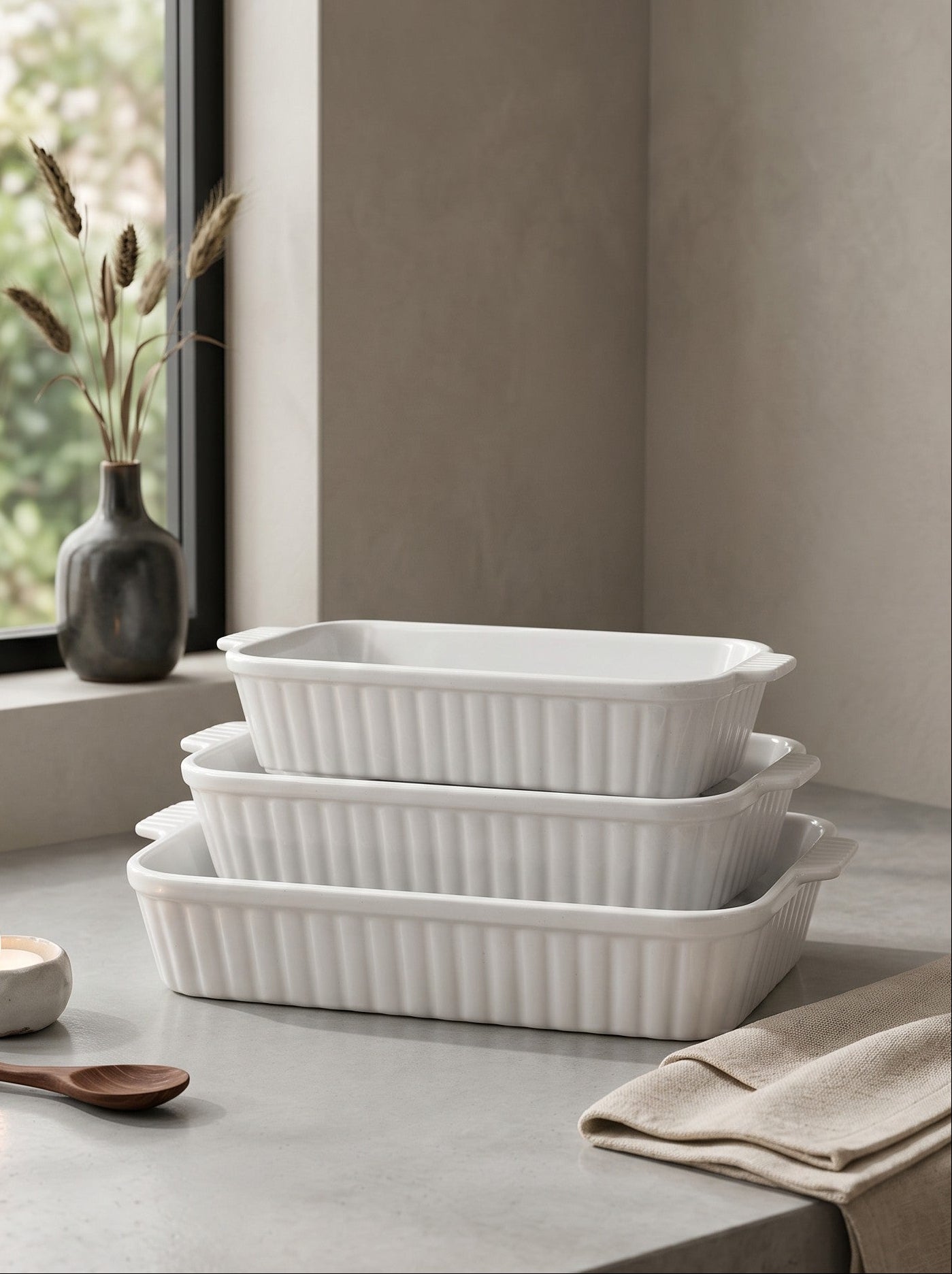 3 Piece Porcelain Baking Dish Set (White)
