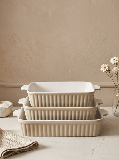 3 Piece Porcelain Baking Dish Set (Latte Beige)